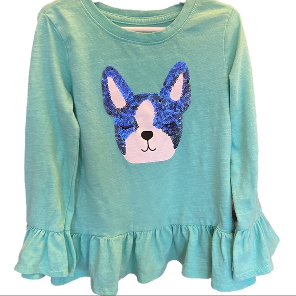 Cat and Jack, green, long bell sleeved shirt with sequined animal face. Size 4/5 - Picture 1 of 3